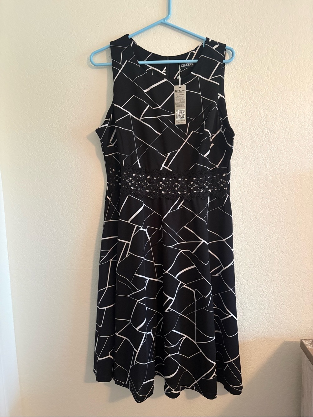 Charming Black & White Geometric Midi Dress by OWIN Fashion NY